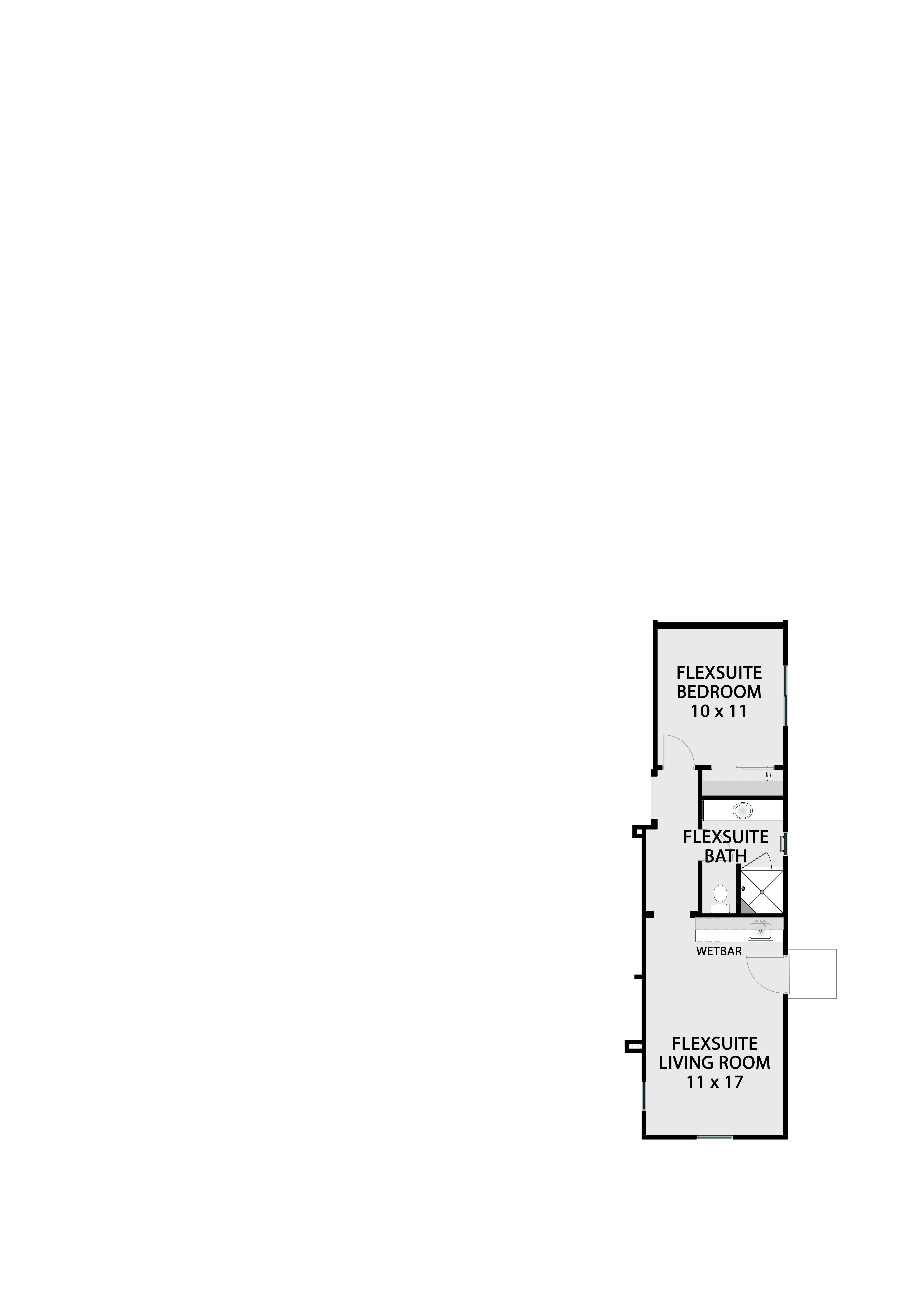 FlexSuite structural option — bedrooms 3 and 4 converted into a private suite with bedroom, bath, and living area; flexible space for guests, a studio, or rental income