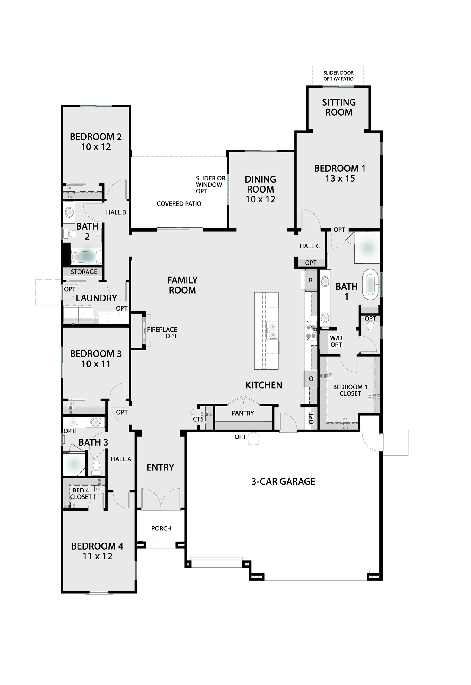 The Shasta base floor plan — single-story 2,578 square foot home with 4 bedrooms, 3 bathrooms, 3-car garage, and open-concept great room