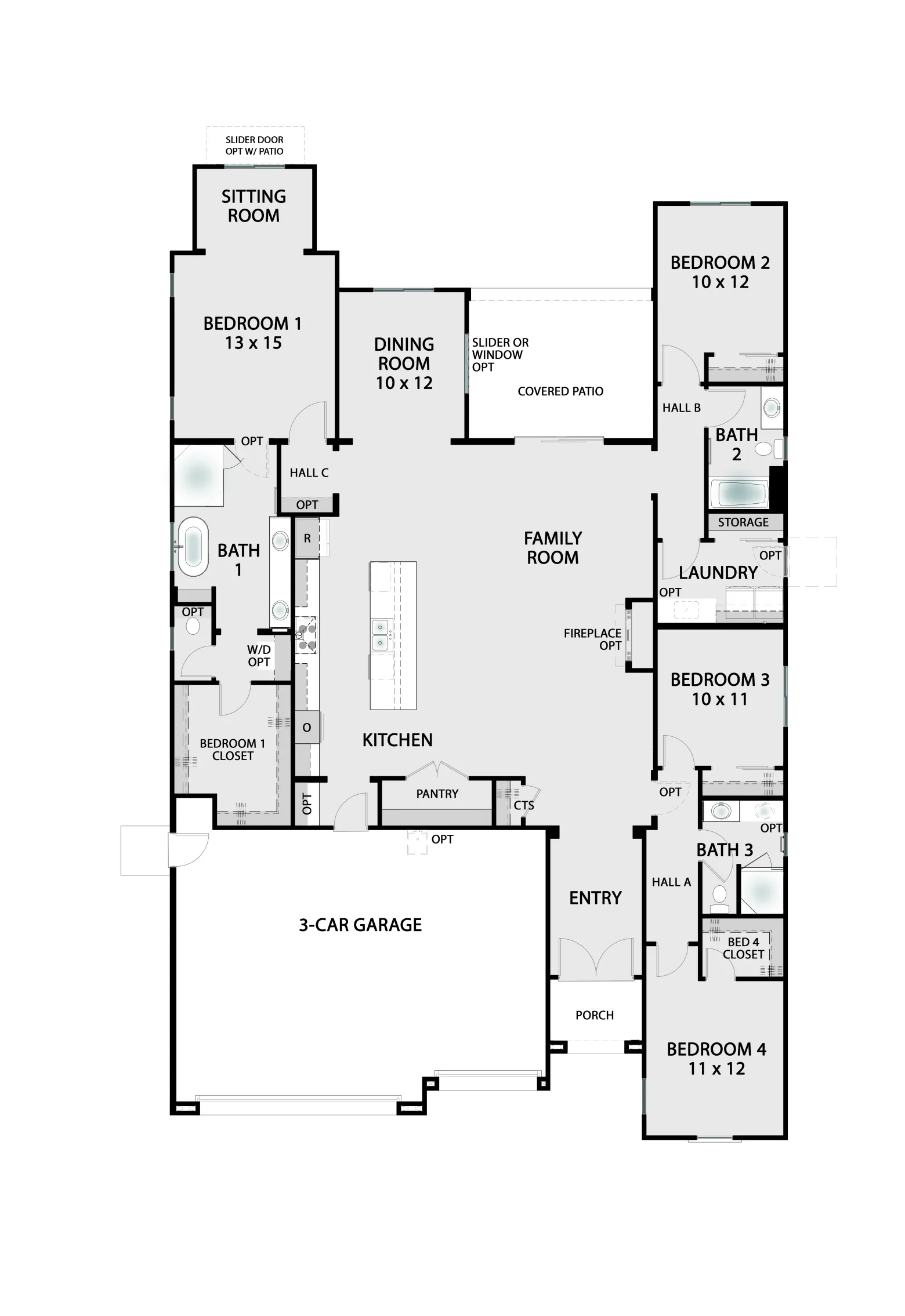 The Shasta base floor plan — single-story 2,578 square foot home with 4 bedrooms, 3 bathrooms, 3-car garage, and open-concept great room