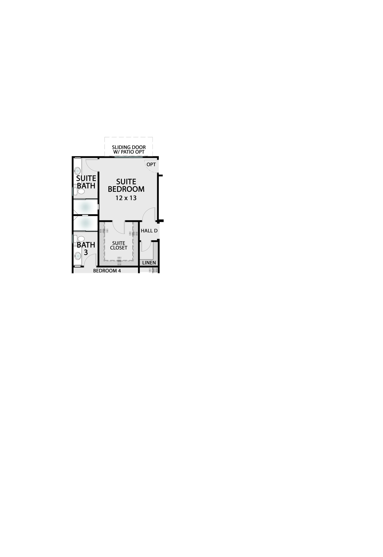 Suite Option structural overlay — converts the family room and Bath 3 into a private suite with bedroom, bath, and living space