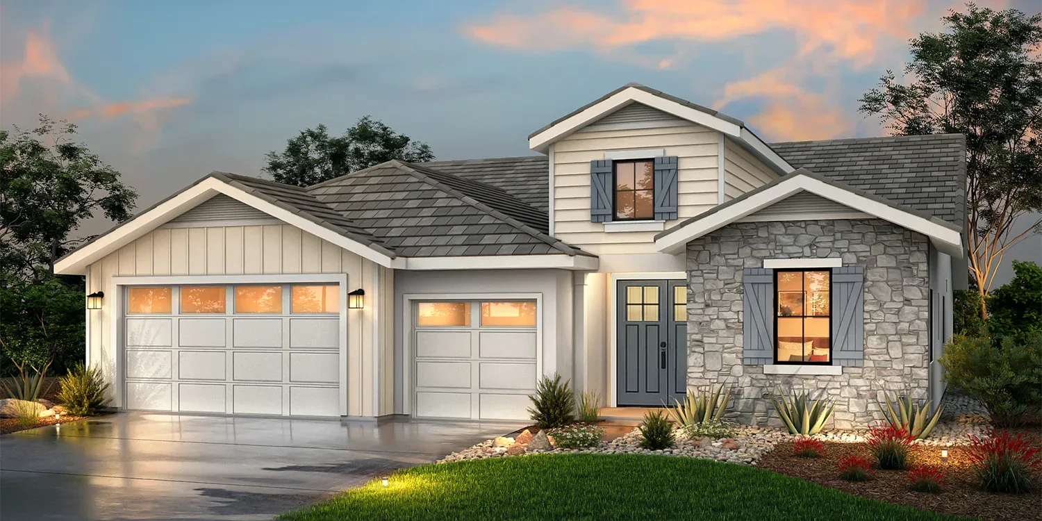 The Shasta plan shown in the Farmhouse elevation with board-and-batten siding, stone wainscot and slate-blue shutters