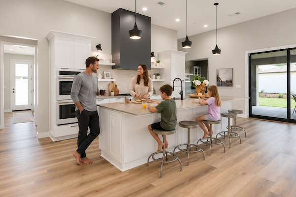 Kids helping cook in a bright modern kitchen